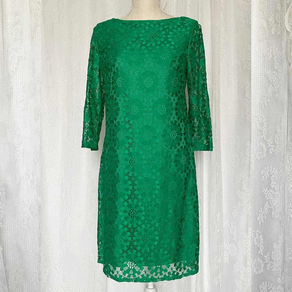 Eliza J Women's Sheath Dress 6 Green Lace Knee Length Knit 3/4 Sleeve Career
